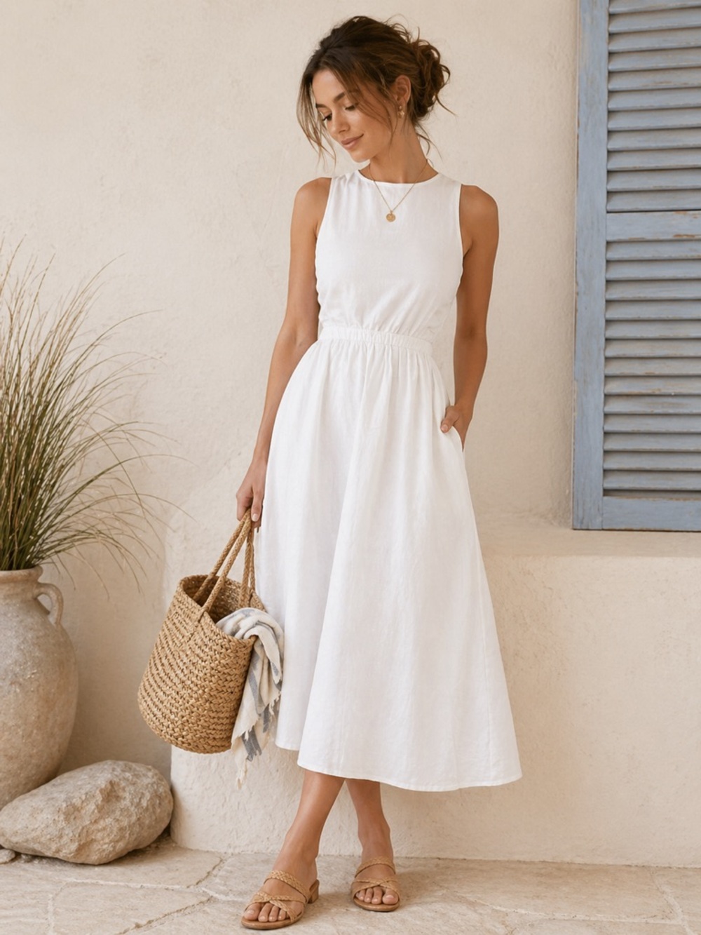 Petal & Pup Aubrey Linen Blend Cutout Midi Dress White Sleeveless Size 2